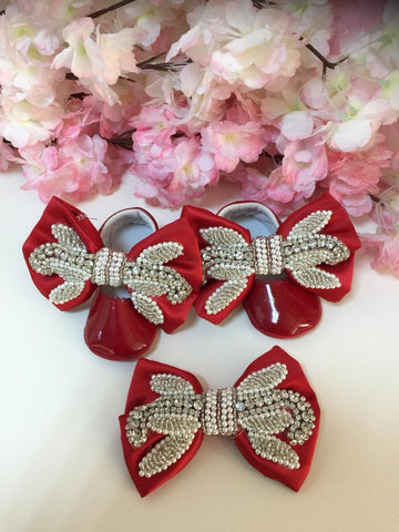 Red rhine stone shoes baby and hairbow 5 ınc