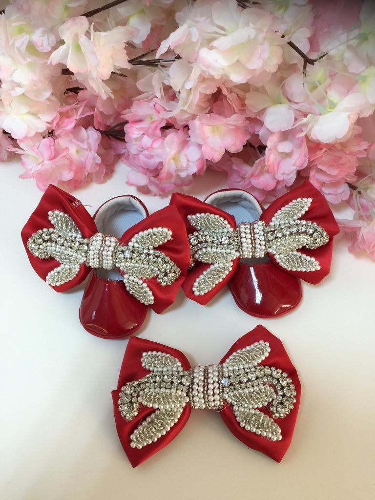 Red rhine stone shoes baby and hairbow 5 ınc