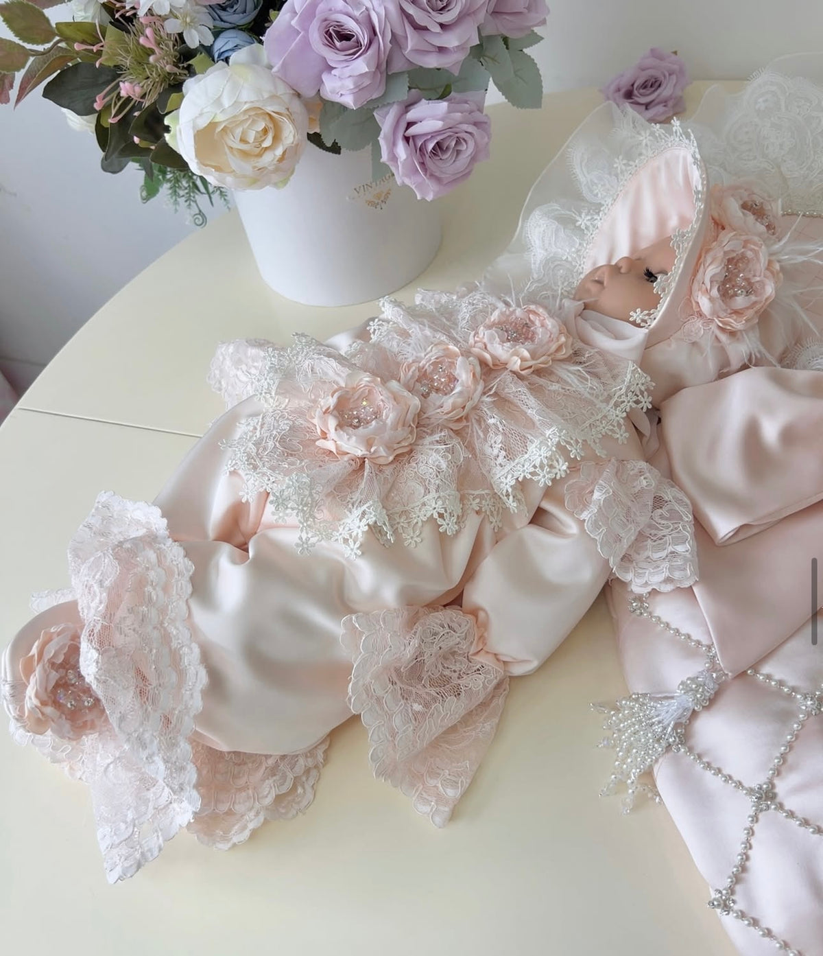 Cream flowers baby jumpsuit bonnet swaddle and shoes