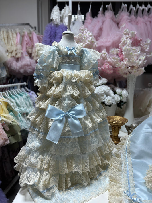 Blue silk lace fabric girl toddler gown dresses and bonnet wholesale 6 pcs