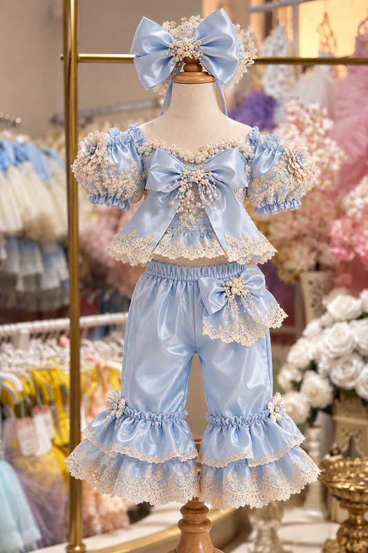 Blue silk fabric pants and blouse and hair bow