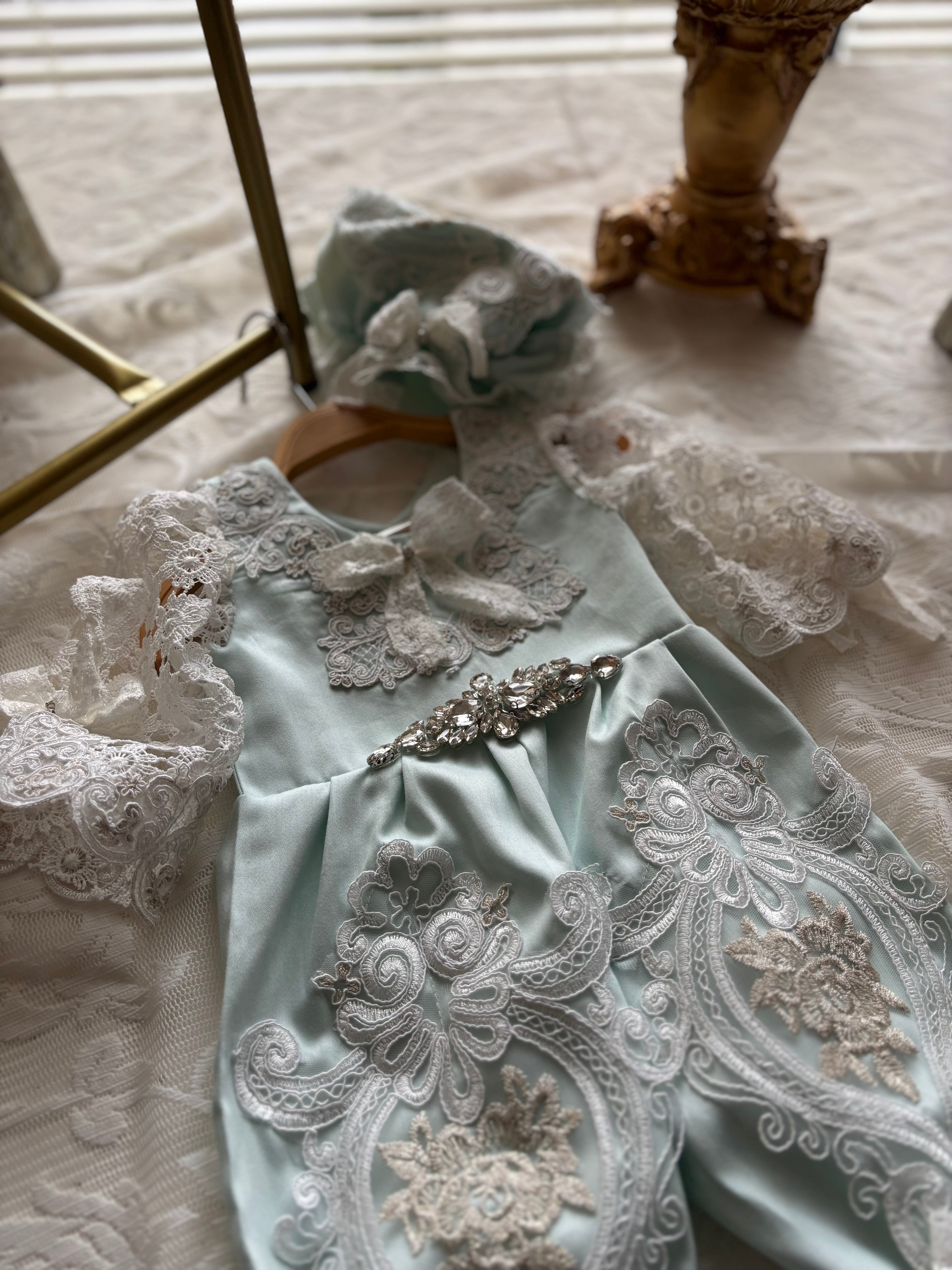 Mint blue baby jumpsuit and bonnet