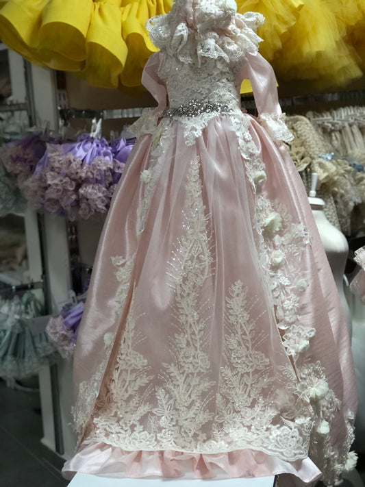 Light Pink Silk Fabric Flowers baby Long Gown wholesale 4 pcs