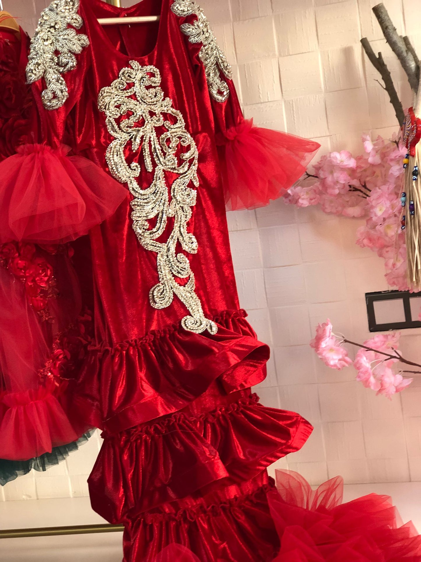 red velvet rhine stone gown  bonnet and blankent set