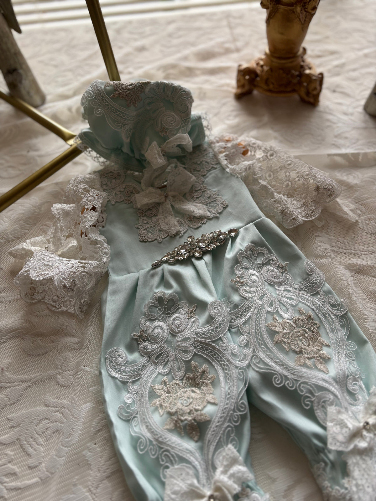 Mint blue baby romper and bonnet