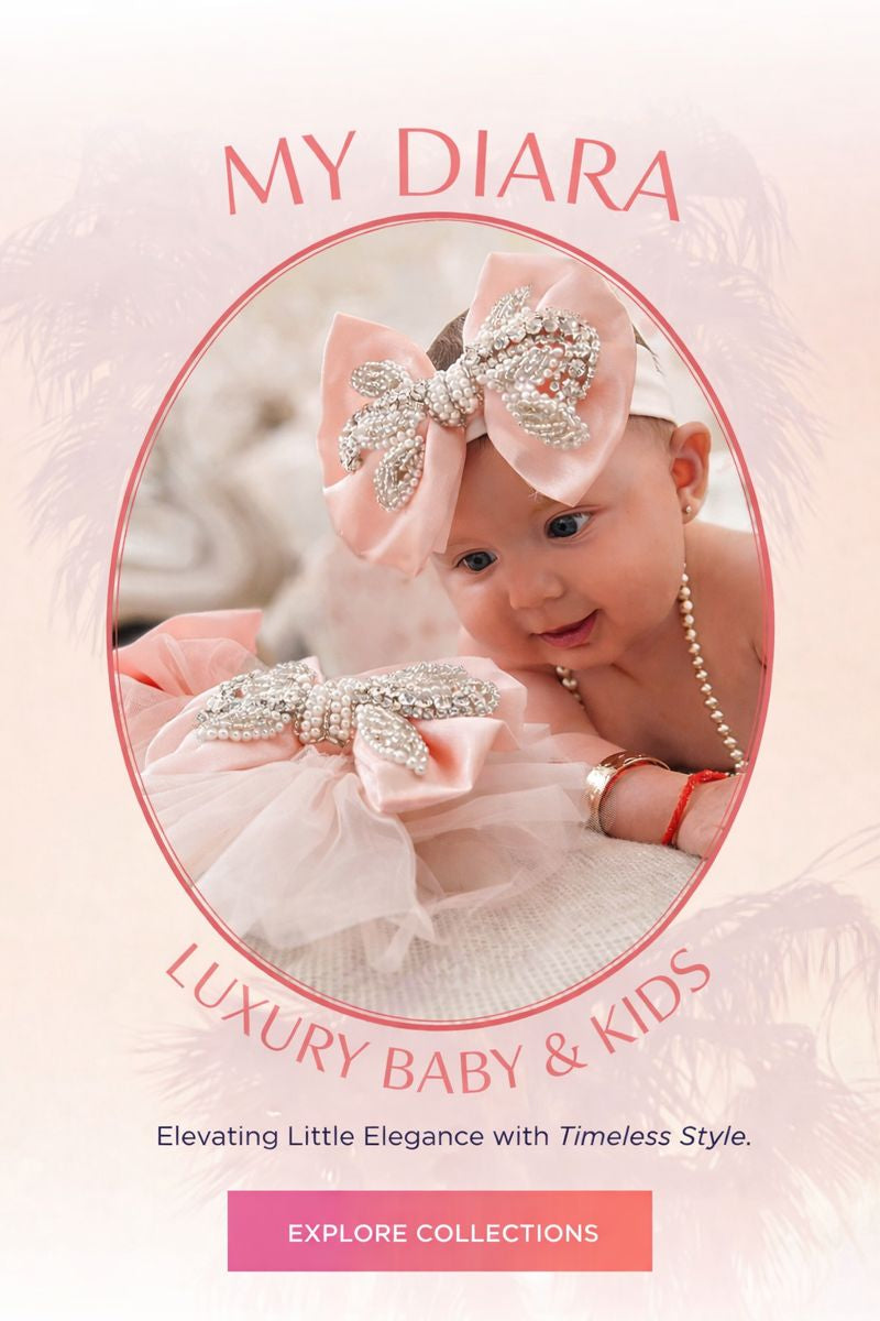 Advertisement for 'My Diara' featuring a baby with decorative headband and jewelry on a light pink background.