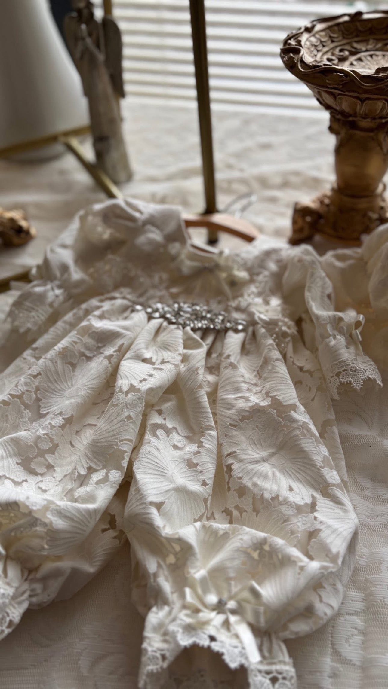 Cream Lace Fabrib Baby Jumpsuit And Bonnet