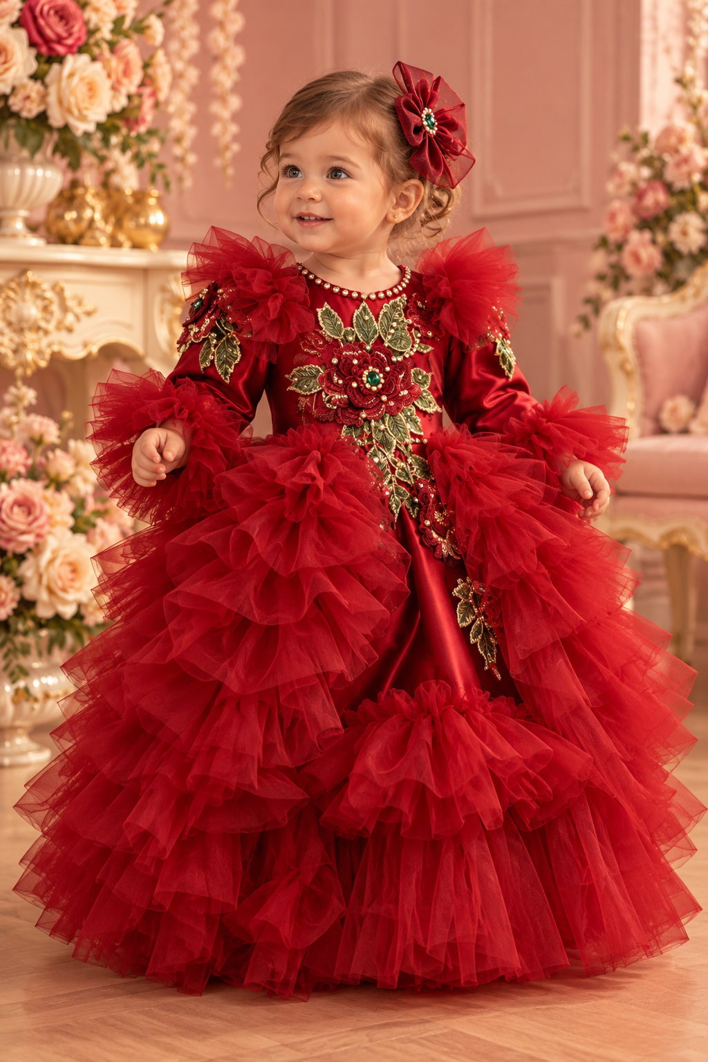Red satin fabric long train dress and hair clips