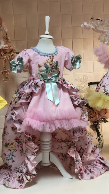 Pink Long Coton Fabric Gown Girl Easter Dresses