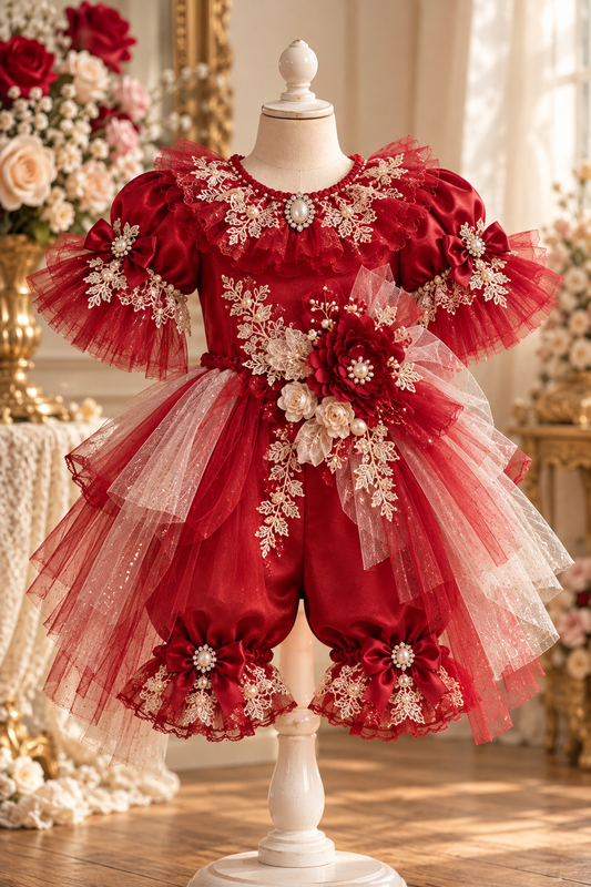 Red silk fabric Christmas baby jumpsuit and bonnet