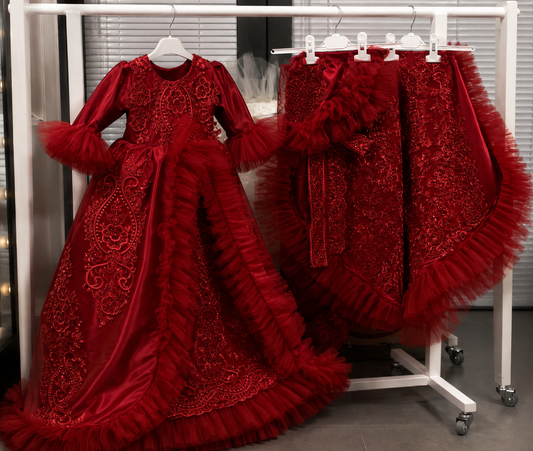 Red silk fabric holiday baby gown blankent and bonnet