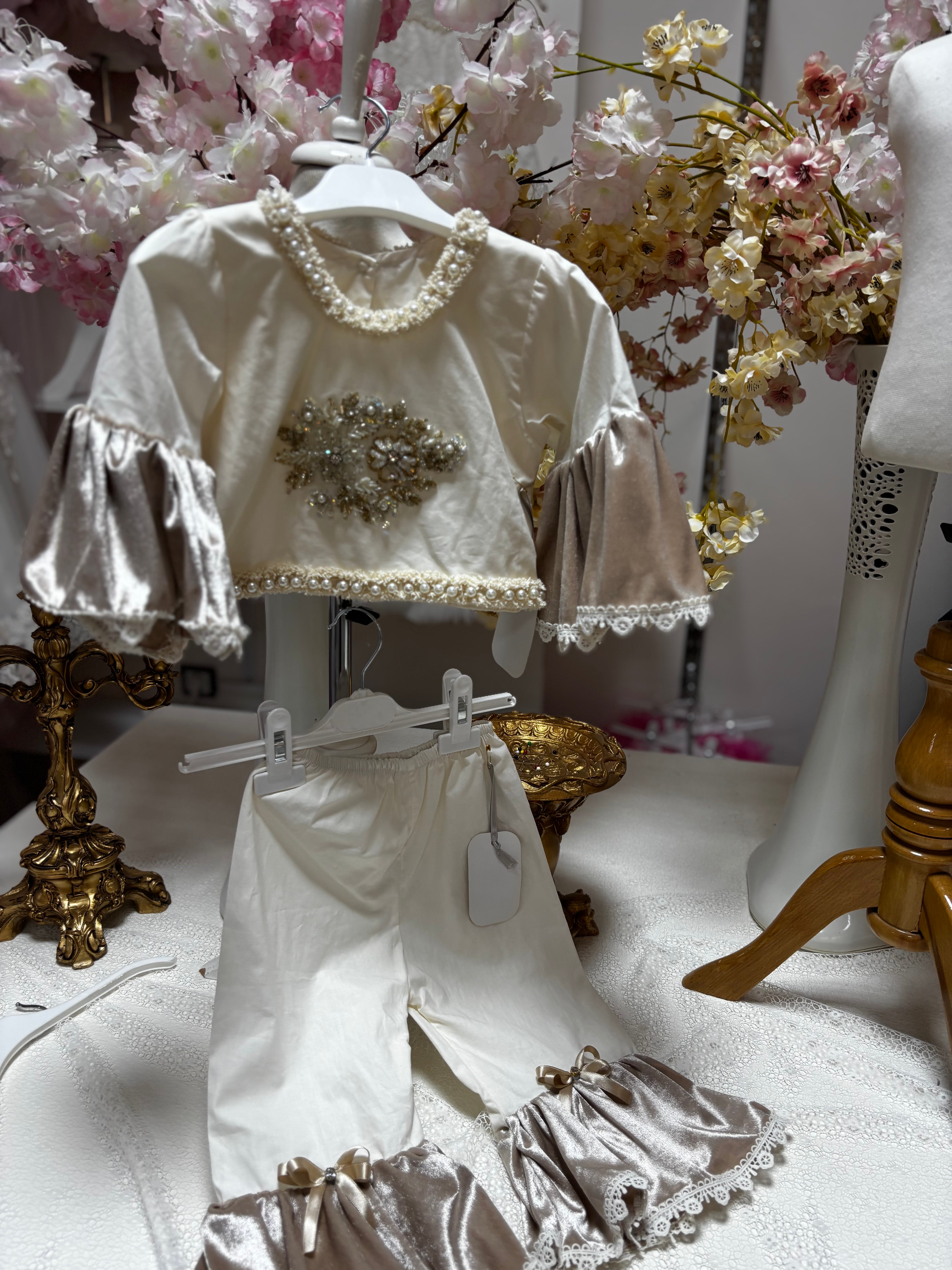 cream coton girl two pcs outfıt