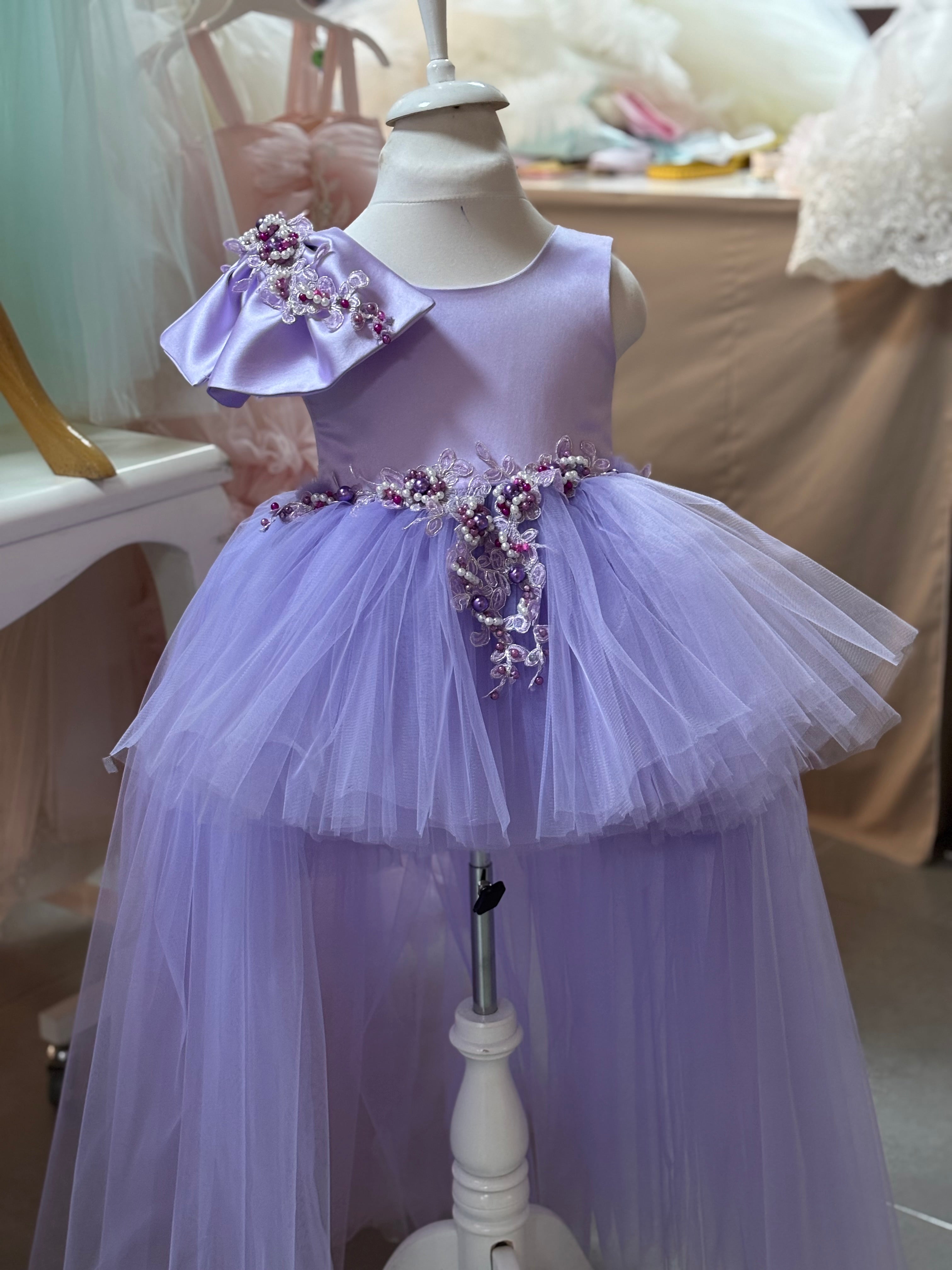 Lilac long train pearl details girl dress