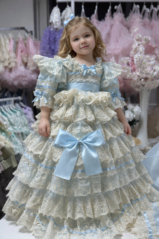 Blue silk fabric vintage girl long dress and bonnet