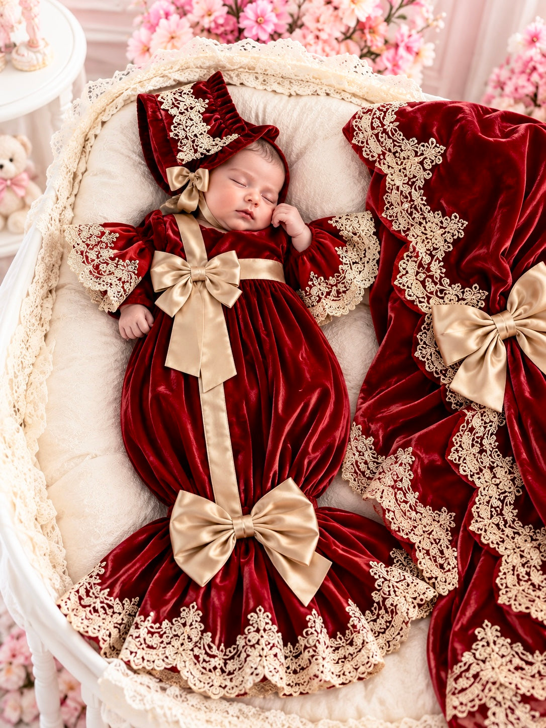 Red velvet baby gown bonnet and blankent