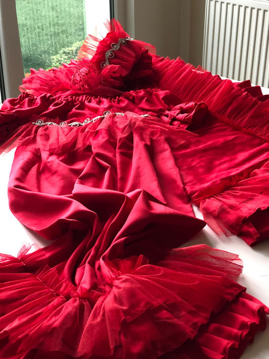 red holiday gown blankent and bonnet set