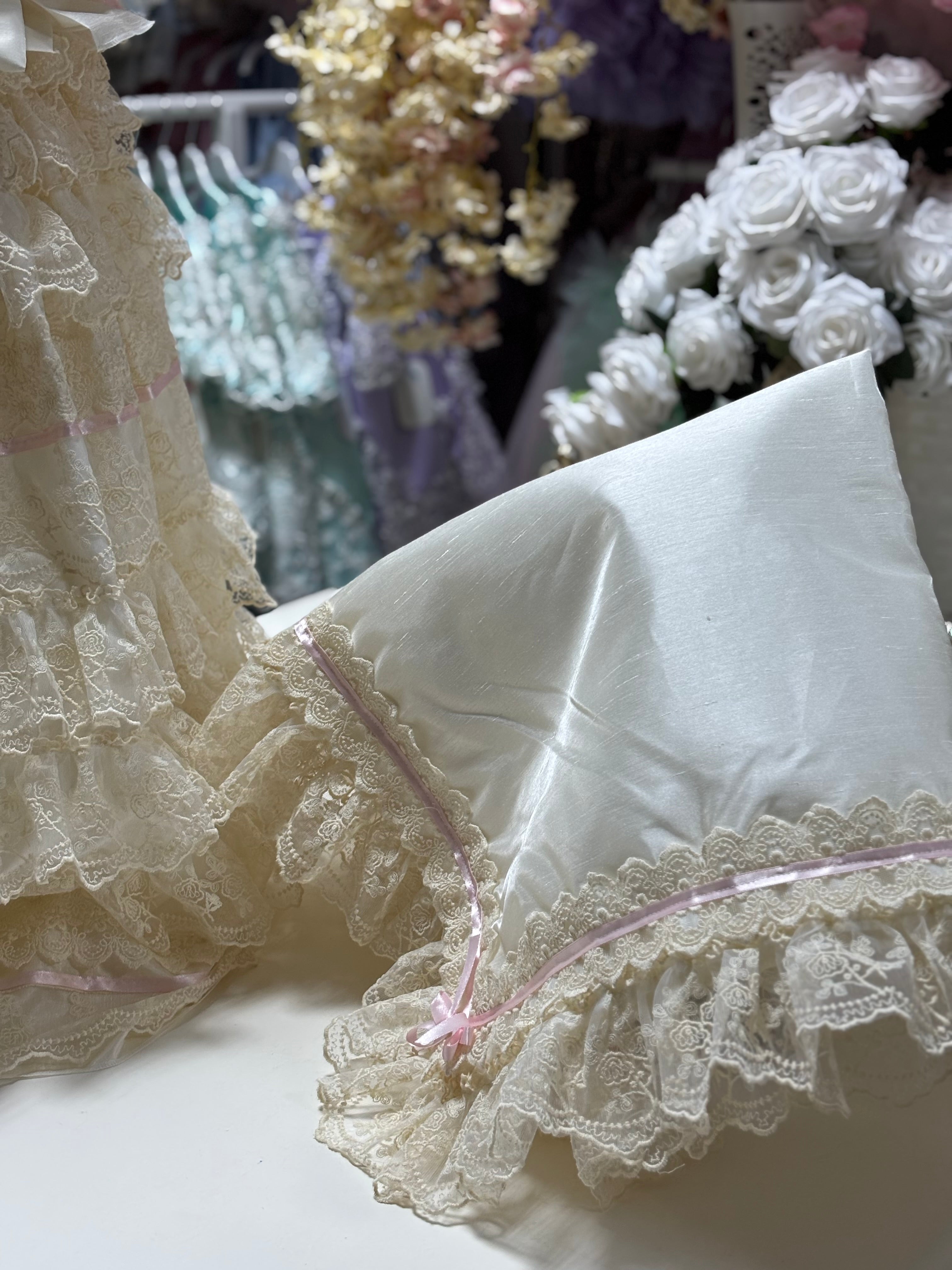 Ivory silk lace fabric baby long gown bonnet and Blankent set