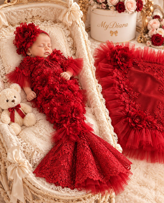 Red baby gown hairband and blankent set