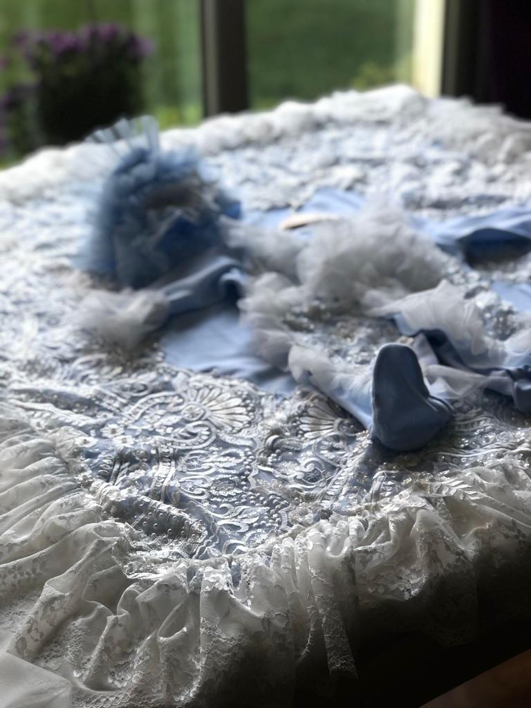 Blue baby France lace jumpsuit bonnet and blankent set