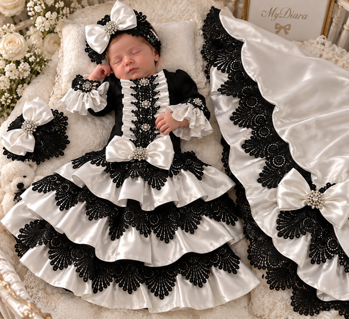 Black cream baby gown bonnet blankent set
