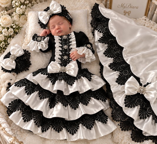 Black cream baby gown bonnet blankent set