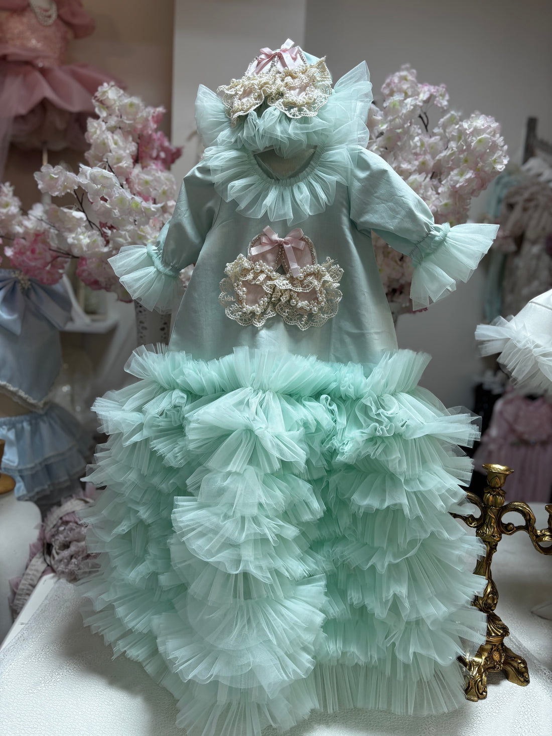 Mint baby long gown and bonnet