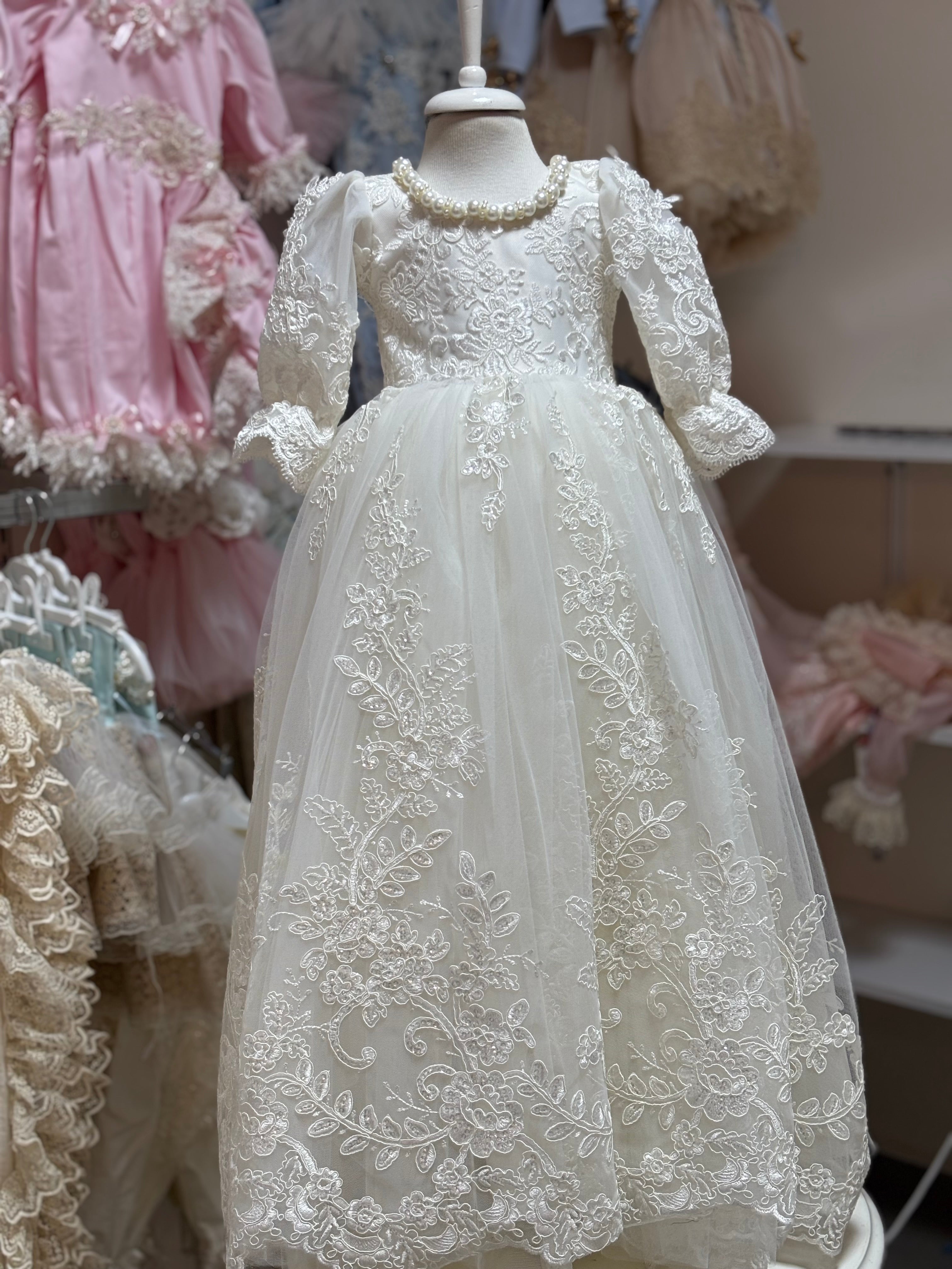 Cream lace fabric long girl dress