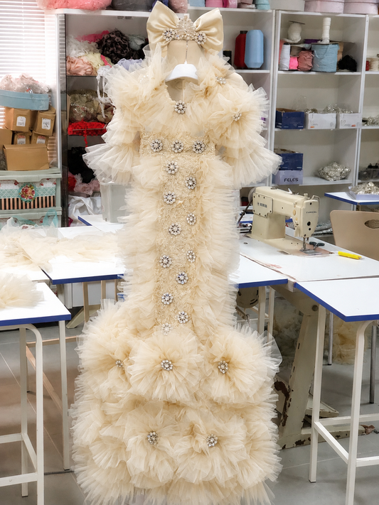 Ivory long baby gown and hairband