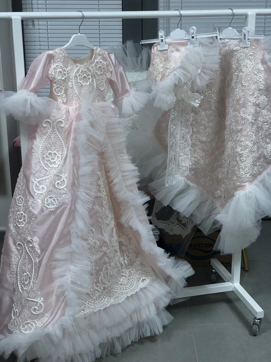 Pink silk fabric lace detail long baby gown bonnet and blankent