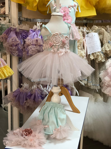 Mint & Pink Floral Lace Tutu Dress & Ruffle Bloomer Set (12M-5T)