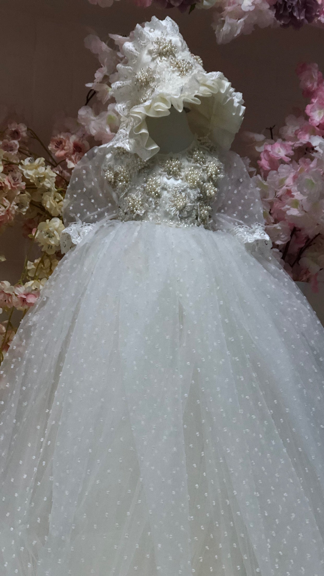 Cream Long Pearl Aplıque Handmade Gown  Bonnet And Shoes Baptism Gown