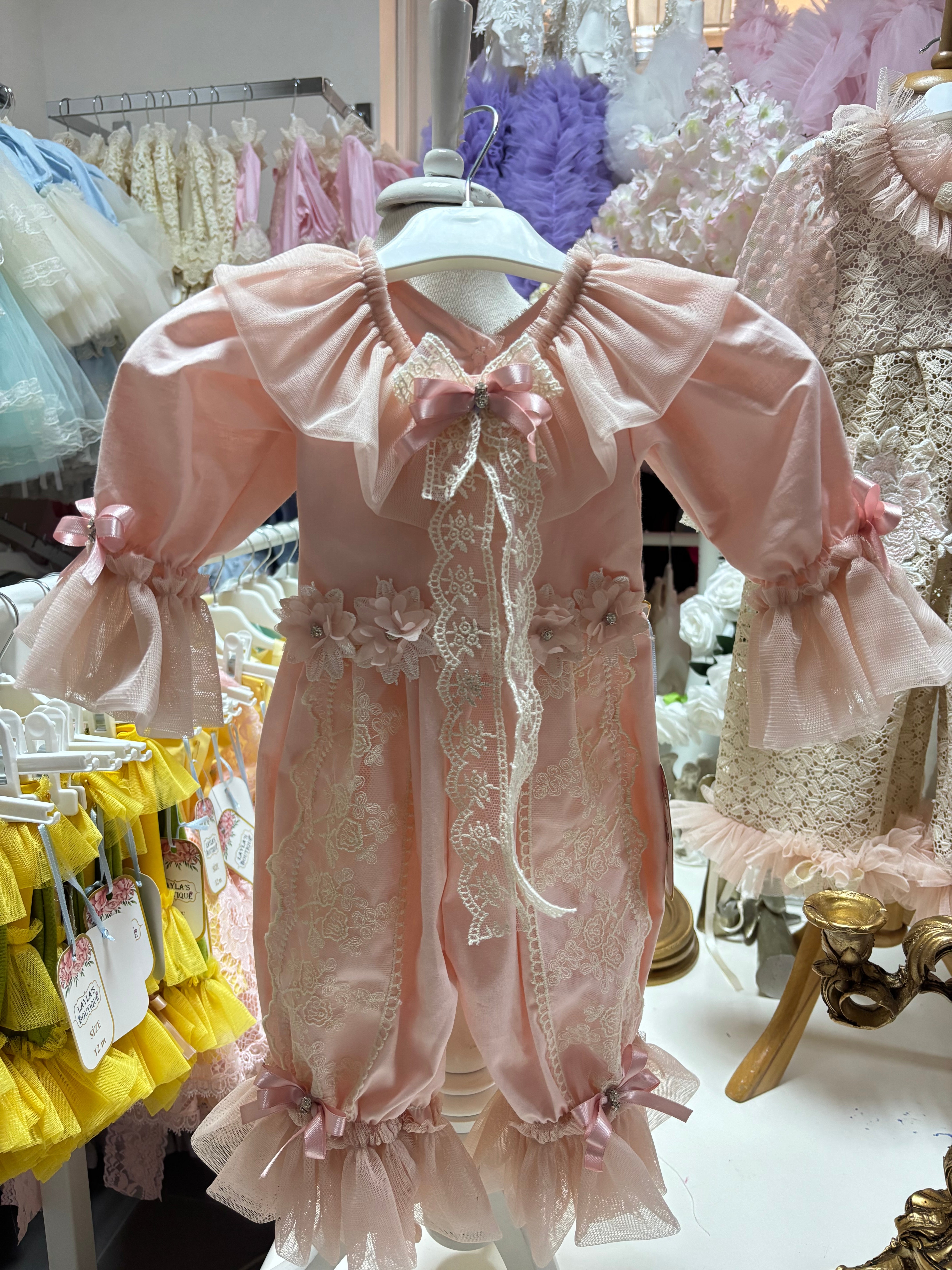 Pink Baby Jumpsuit And Bonnet  Coton Fabric
