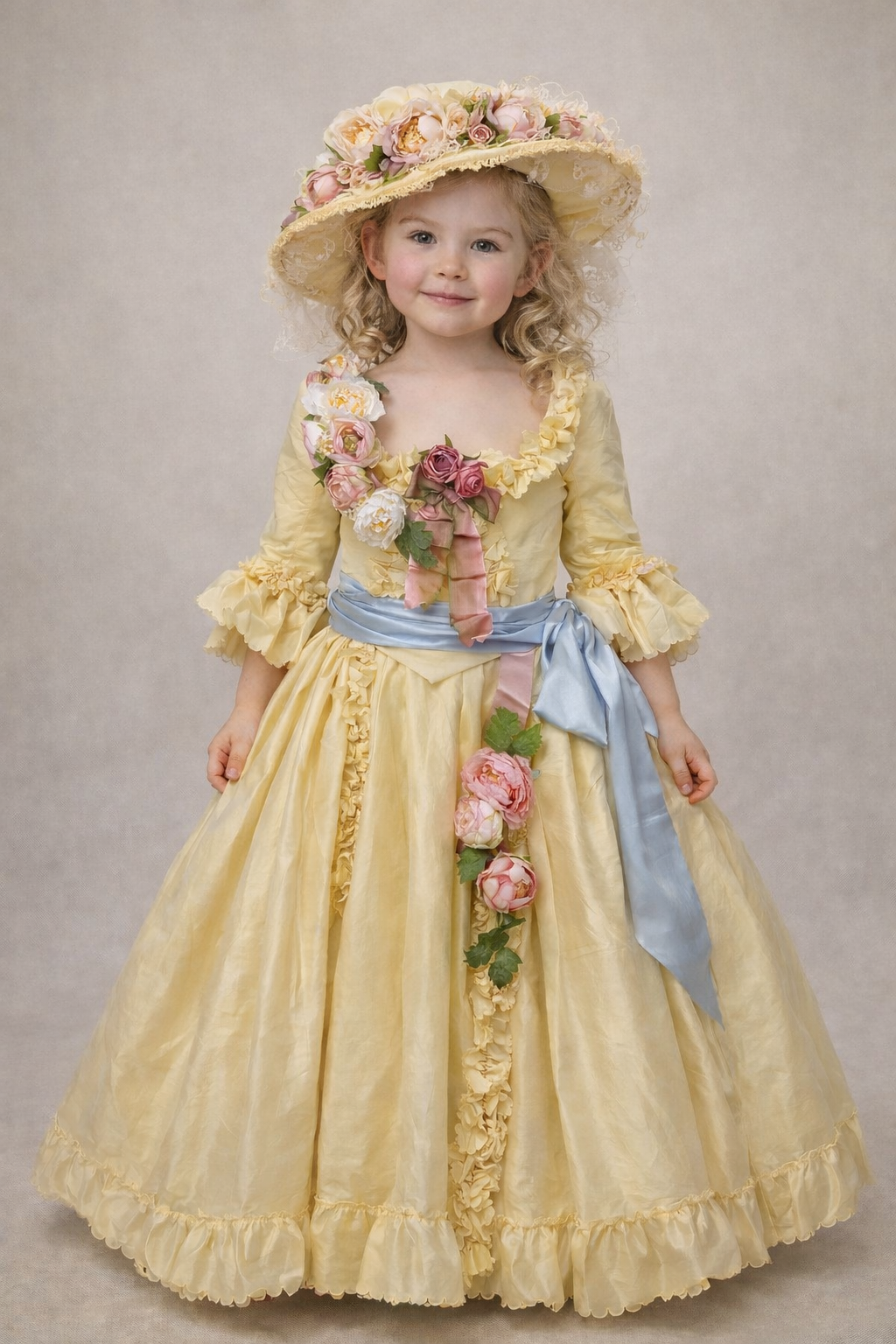 Yellow satin Fabric Flower Details Girl Long Gown And Bonnet