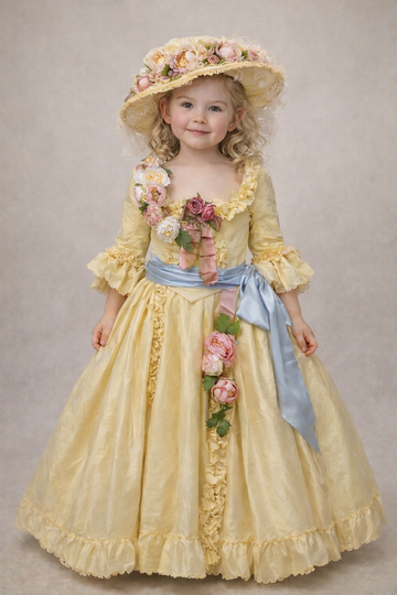 Yellow satin Fabric Flower Details Girl Long Gown And Bonnet