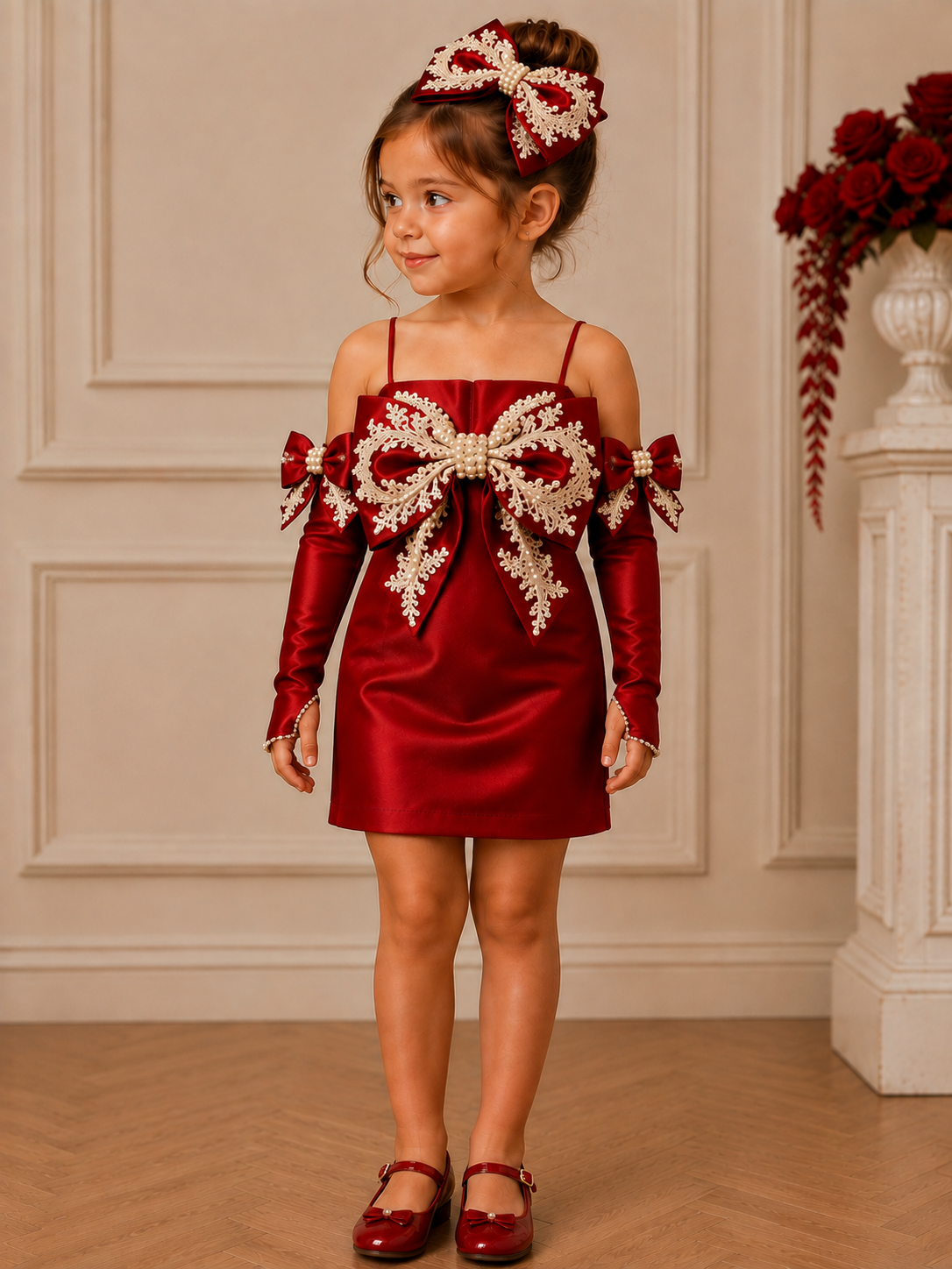 Short red satin pearl bow girl dress and hair bow