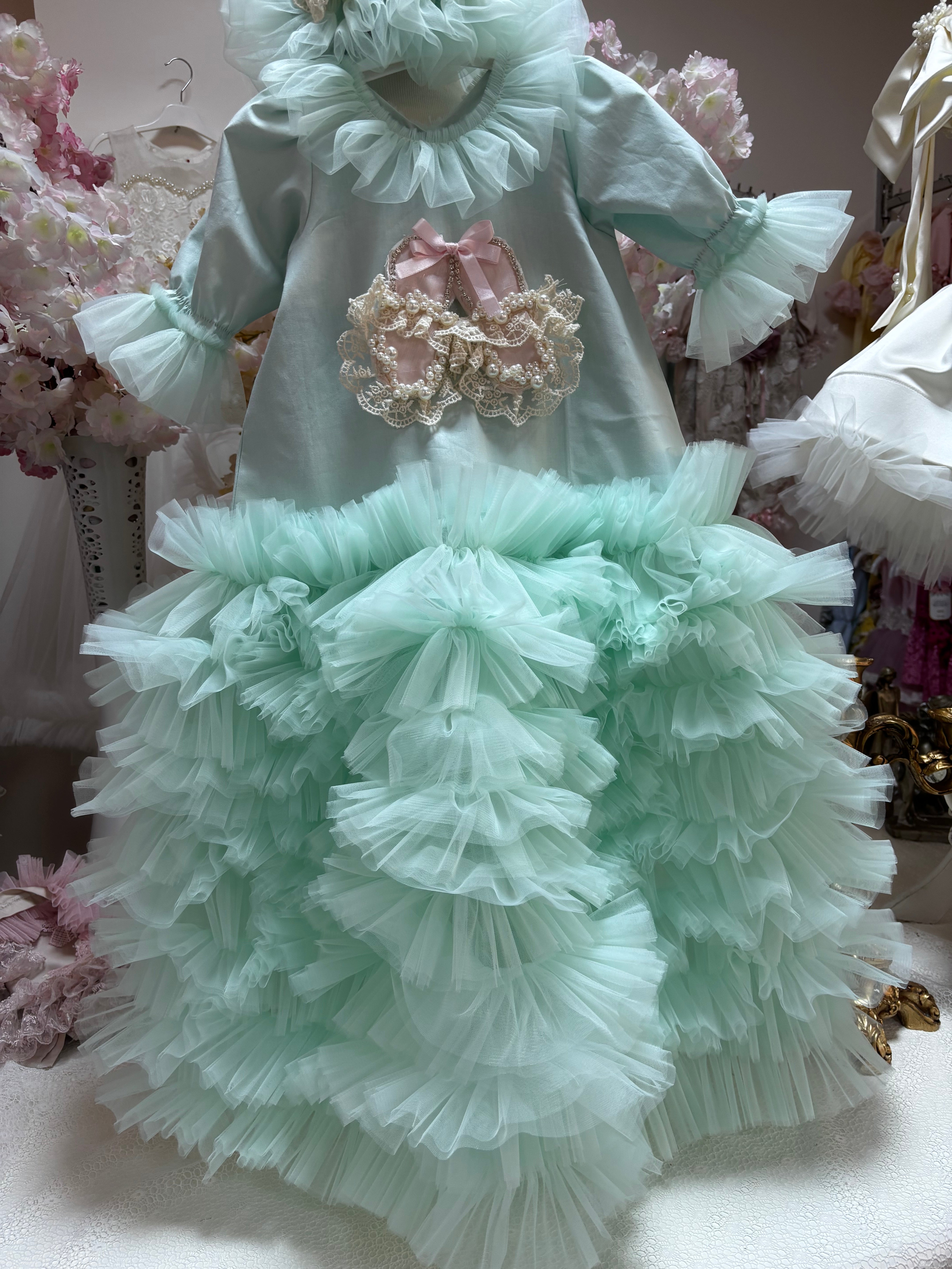 Mint baby long gown and bonnet