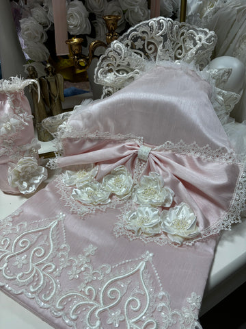 Pink silk fabric big bow pearl flowers baby swaddle