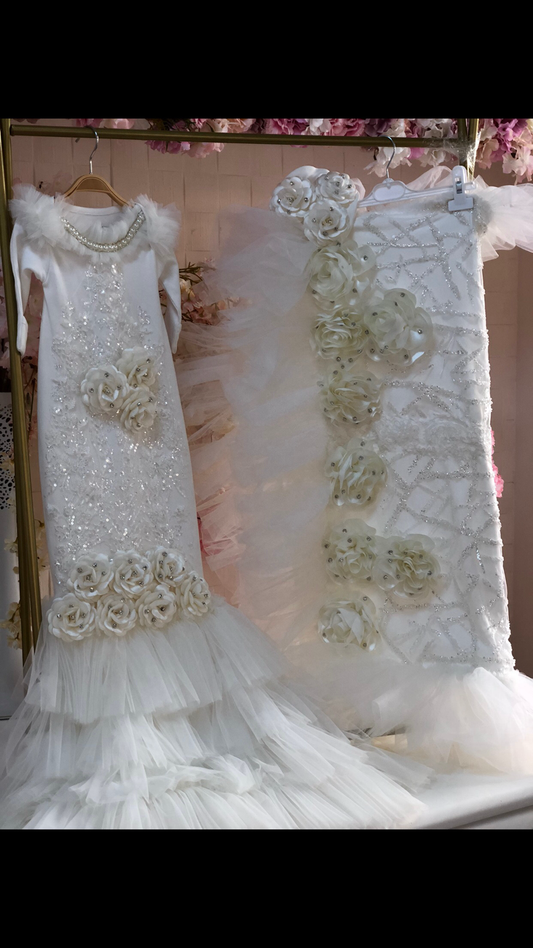 Cream lace flowers satin fabric blankent gown and bonnet