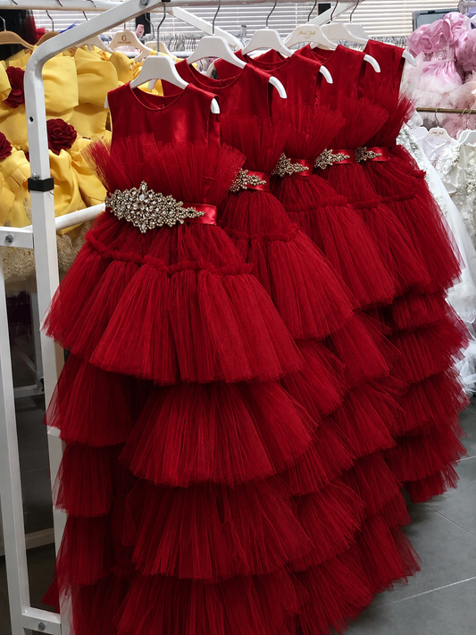 Red girl holiday long train dress