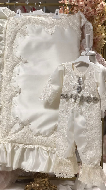 Cream Satin Fabric Baptism Jumpsuit Bonnet And Blankent Set