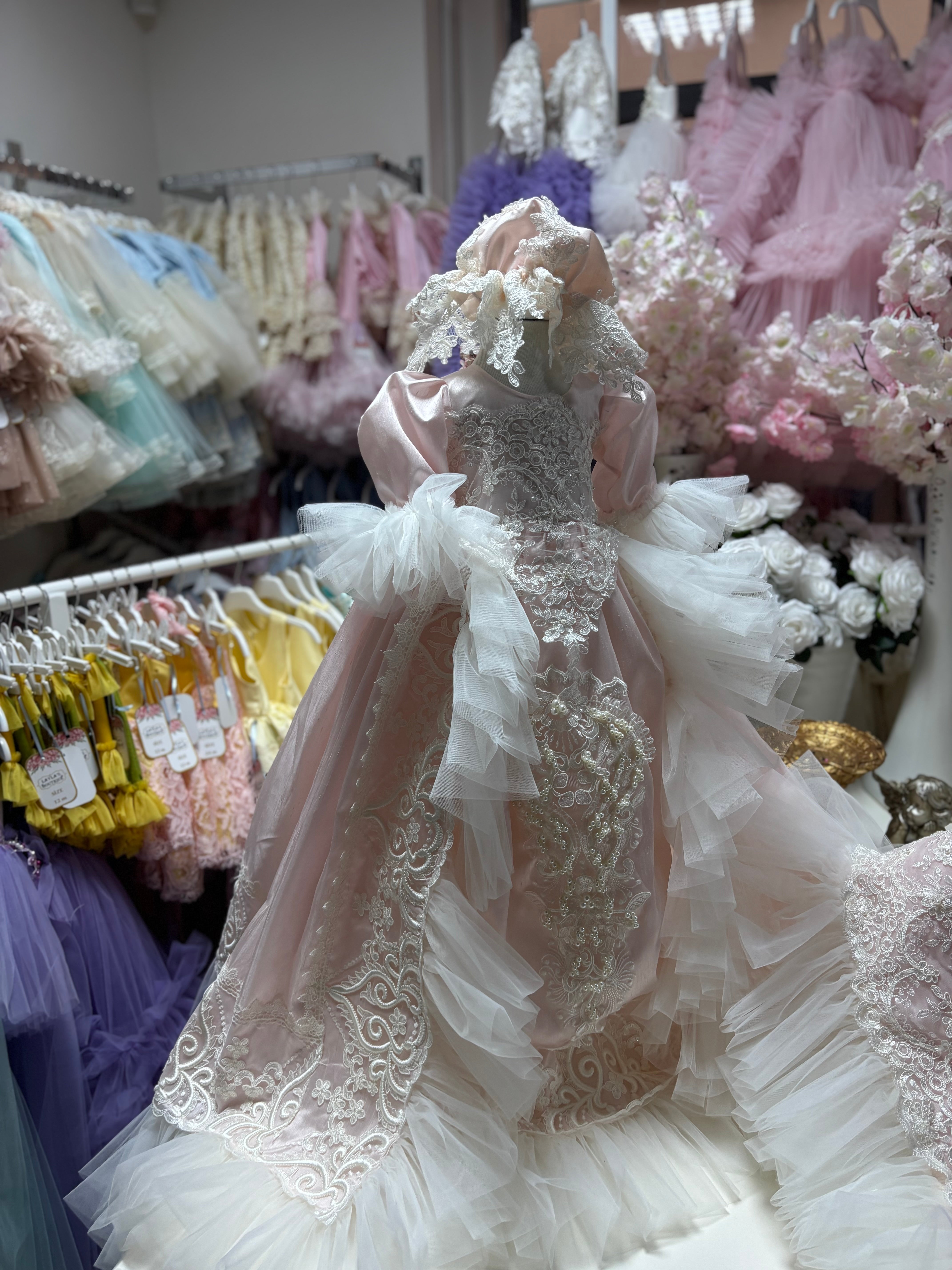 Pink silk fabric Baby gown bonnet and Blankent set