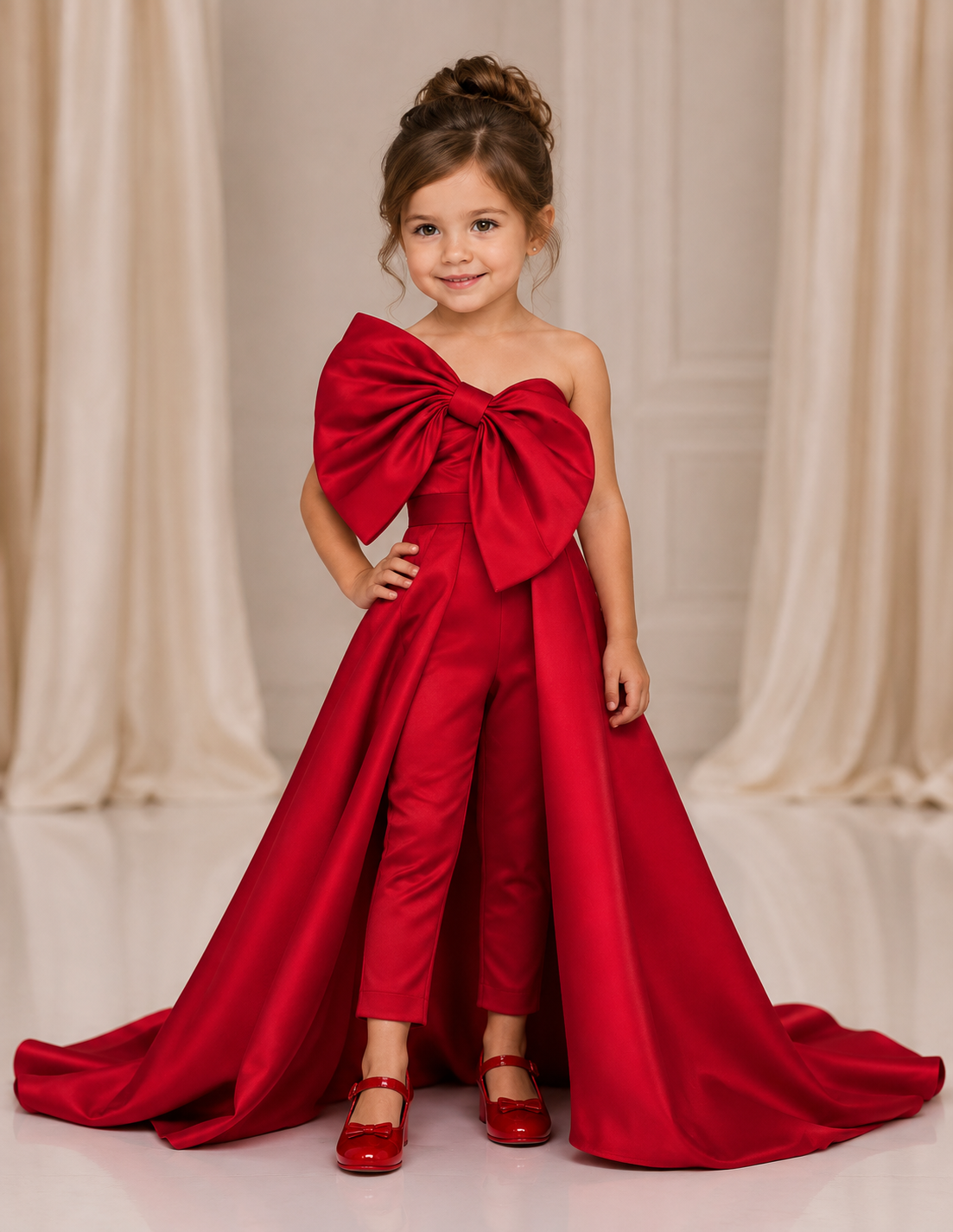 Red satin girl bow long train pants and blouse outfit