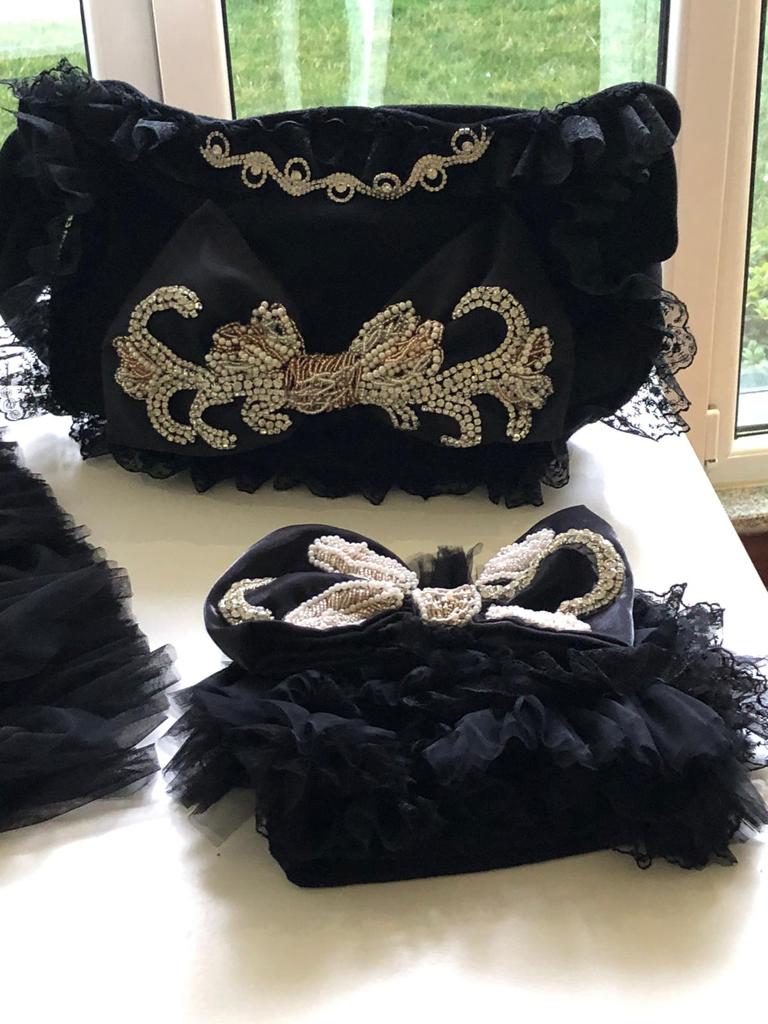 Black Baby Rhine Stone Diaper Bag And Bonnet