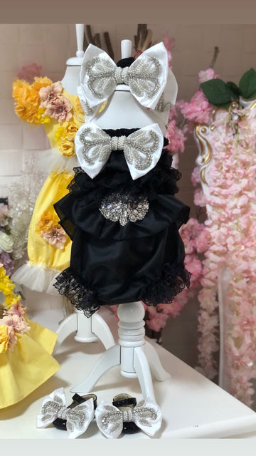 Black silk fabric blouse shortsand rhine stone bow hair clips