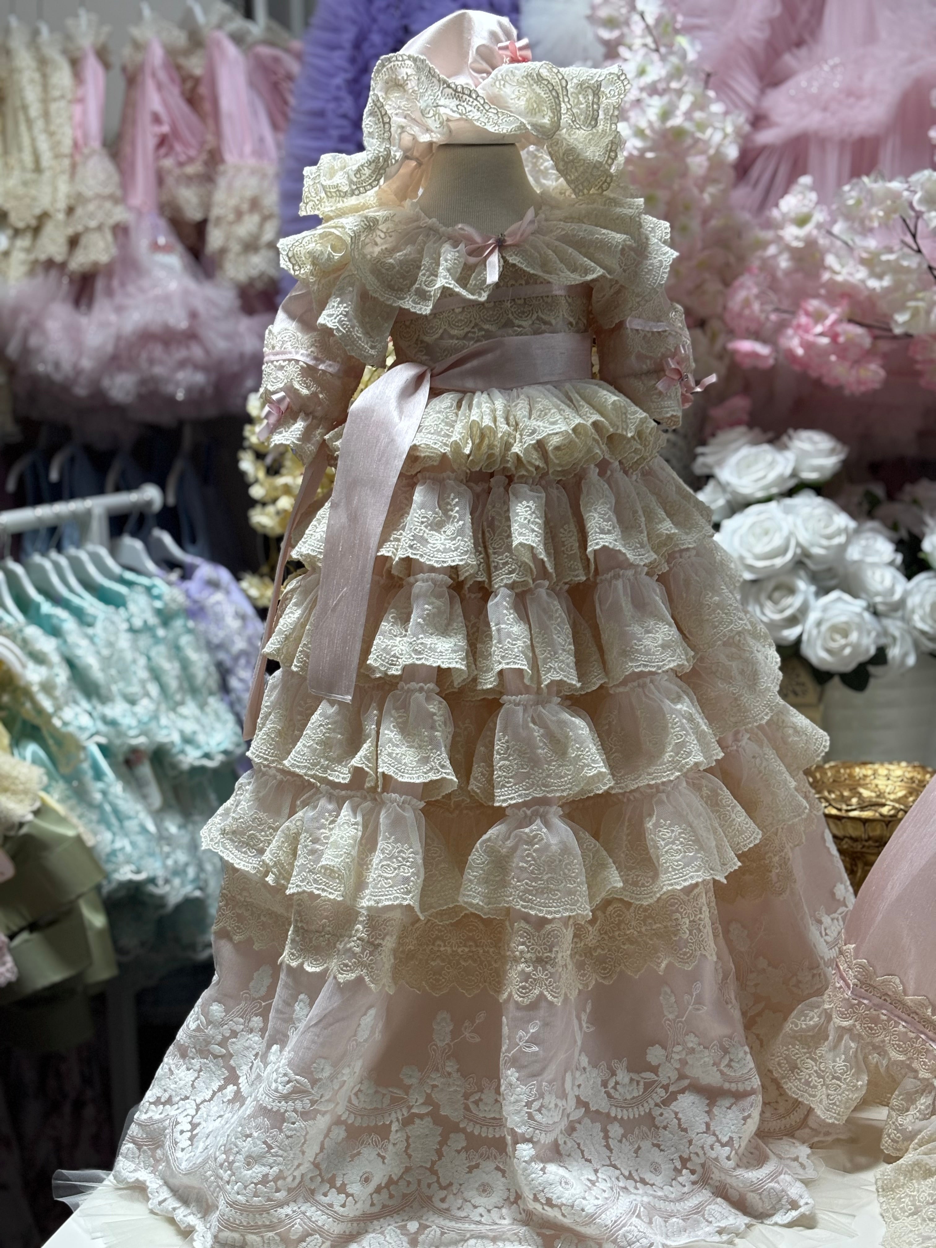 Pink lace silk long girl toddler gown dresses and bonnet