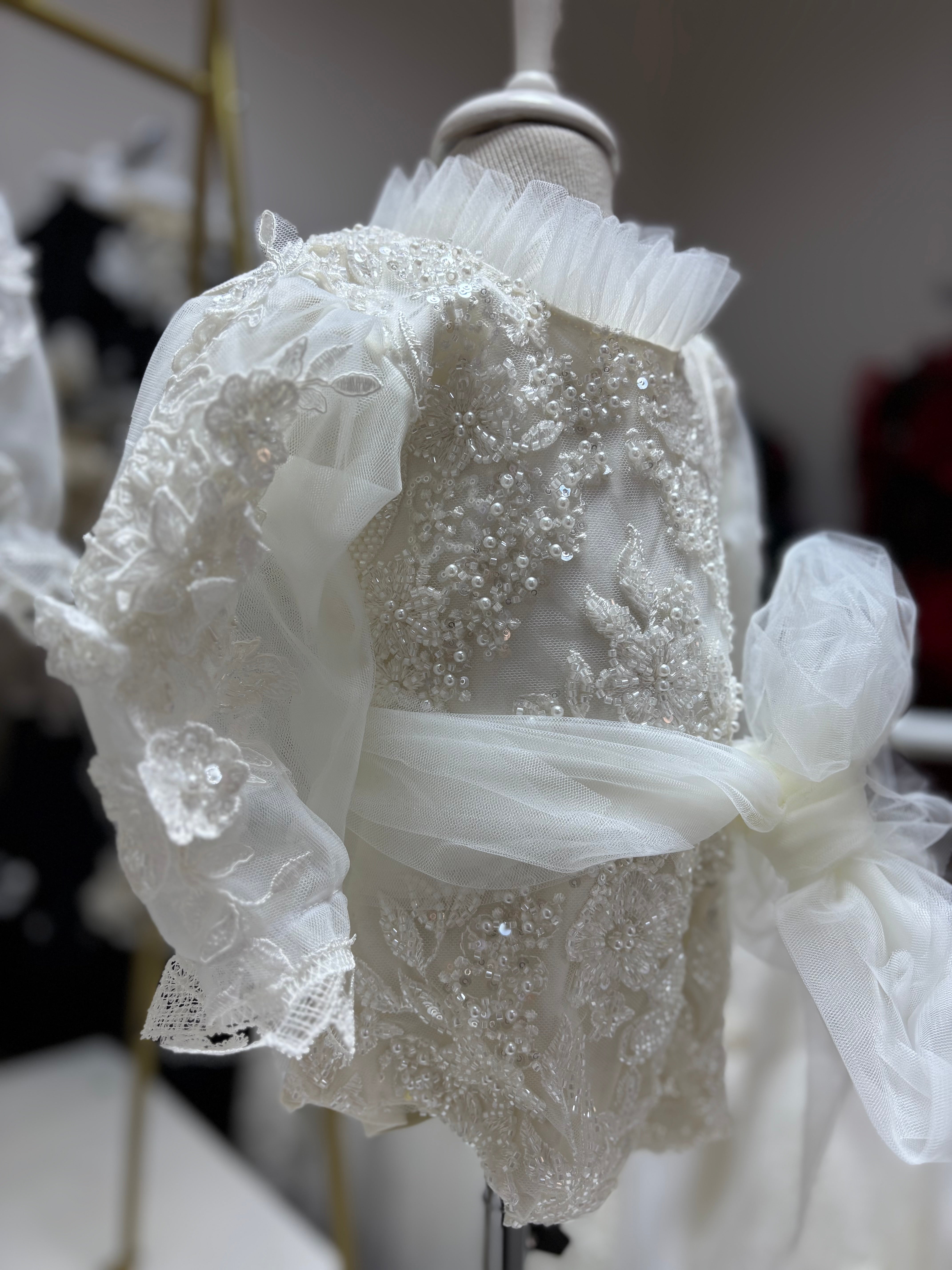 Cream Full pearl aplique handmade  baby baptism outfıt romper bonnet and shoes