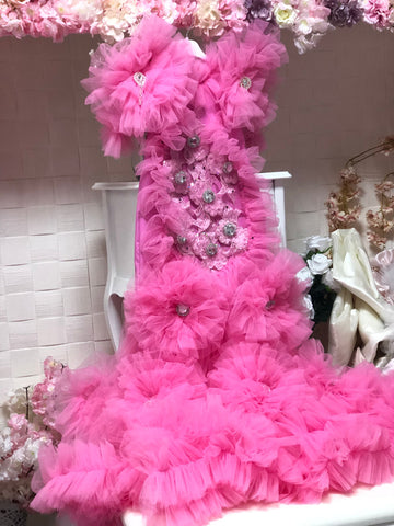 Hot Pink Flowers Long Tulle Funny Gown And Bonnet