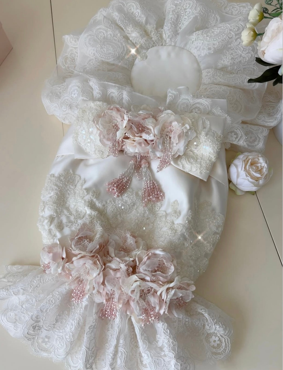 Cream flowers baby jumpsuit bonnet swaddle and shoes