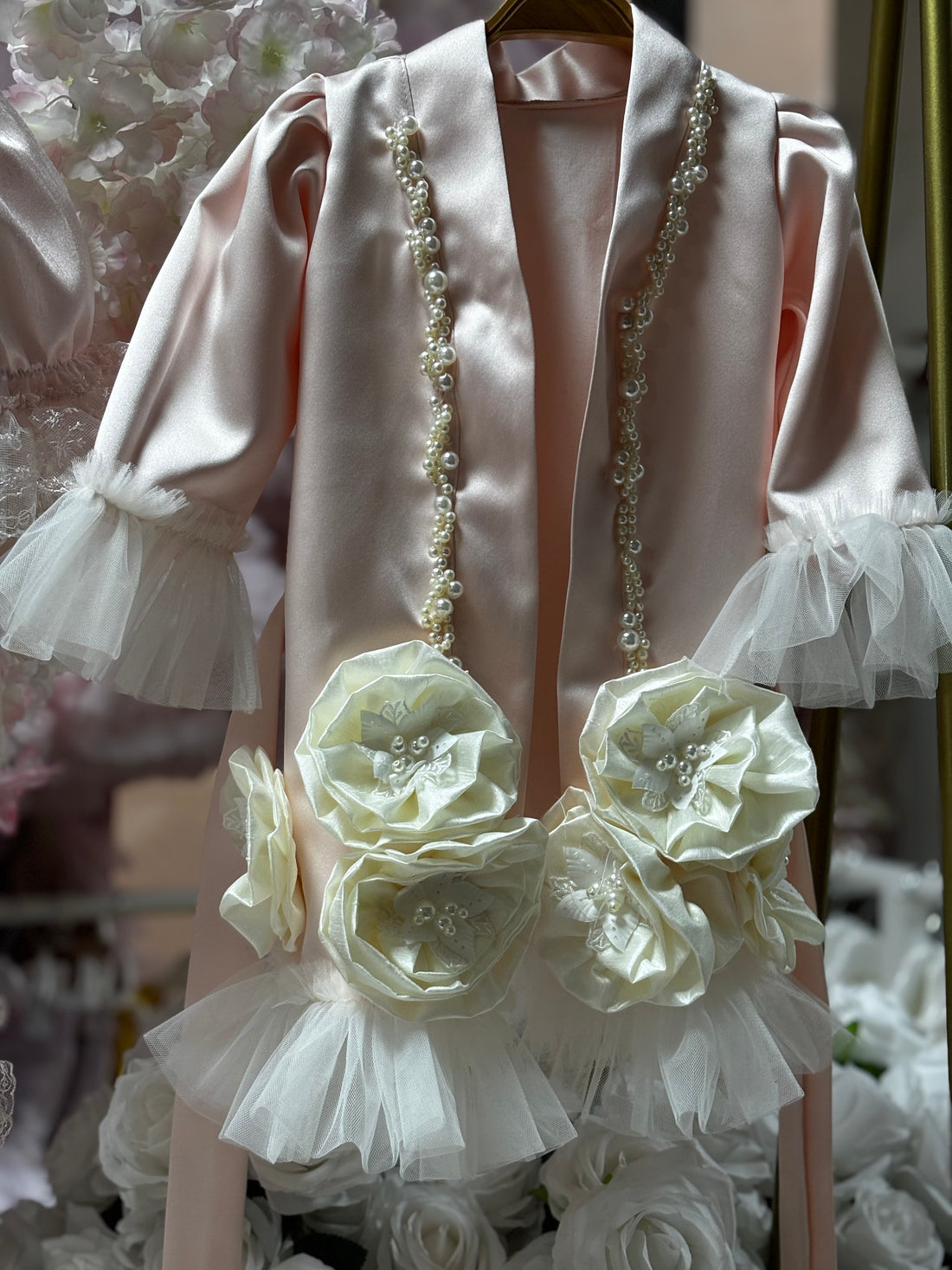 Pink pearl satin fabric flowers Baby and Girl Robe