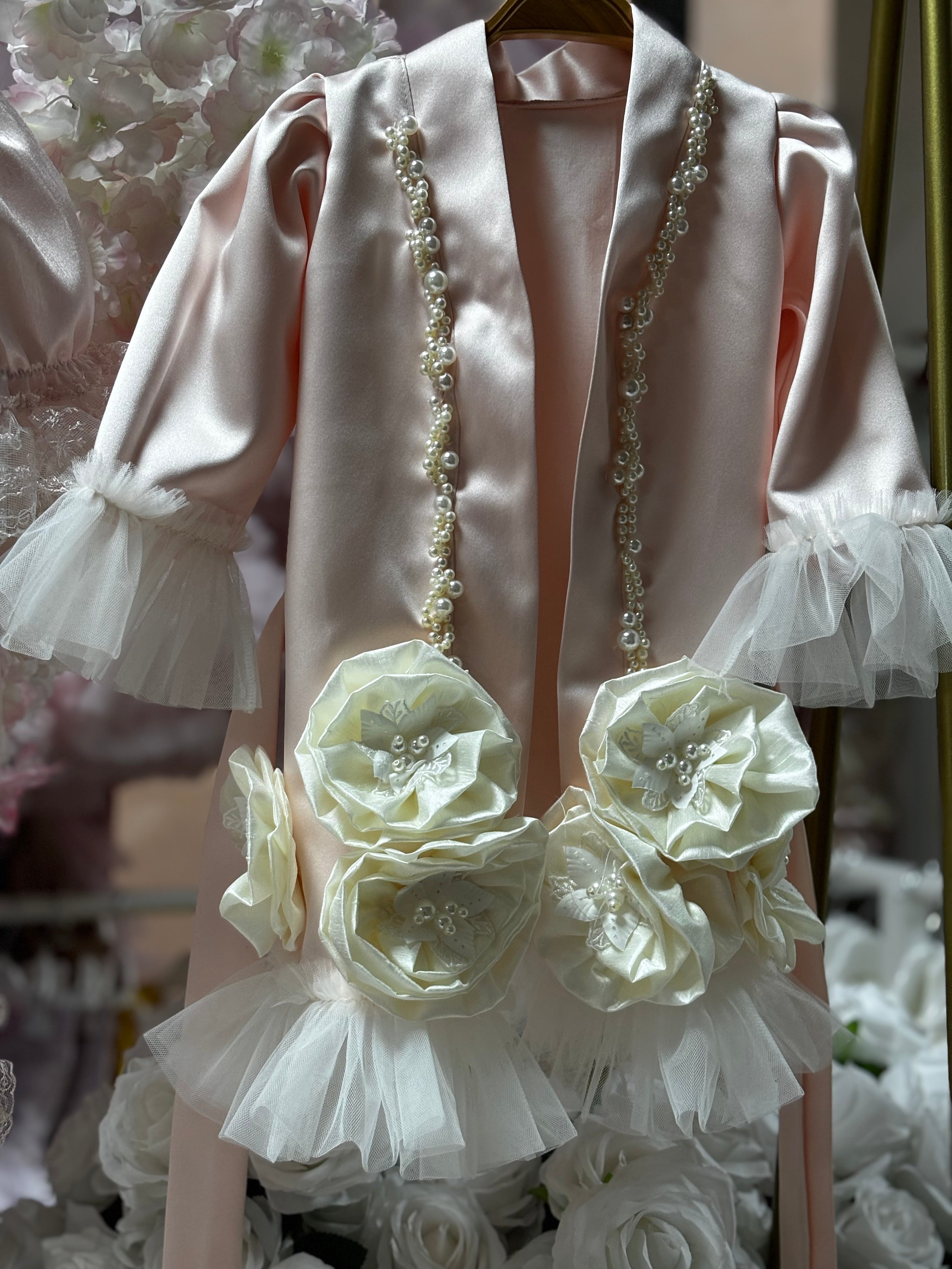 Pink pearl satin fabric flowers Baby and Girl Robe